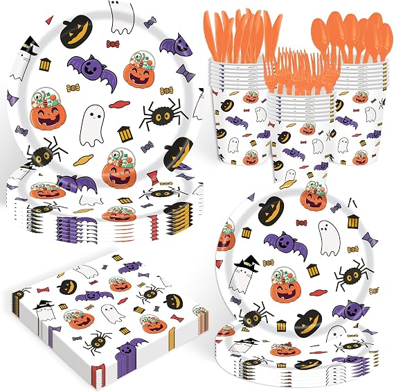 140Pcs, Halloween Party Decorations Cute Ghost Plates and Napkins Happy Halloween Birthday Party Supplies Tableware Set Ghost Paper Plates, Serve for 20 Guest