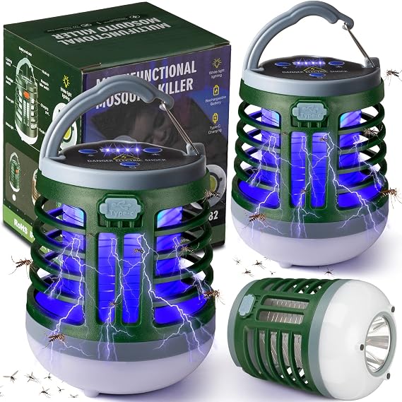 2 Pcs 3 in 1 Bug Zapper USB Rechargeable LED Camp Lantern, Green