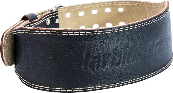 Harbinger Padded Leather Contoured Weightlifting Belt - 4" or 6 Width - Interior Suede Lining & Foam Cushioning - Heavy-Duty Dual Prong Steel Roller Buckle - for Lifting Support