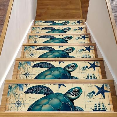 Sea Turtle Non Slip Stair Treads, 15 Piece Stair Runners for Wooden Steps Indoor, Self Adhesive Carpet Stairway Treads, 8x30 Soft Step Rugs Mats for Kids and Dogs