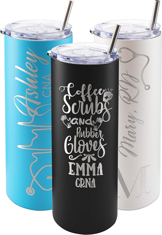 Nurse Gifts for Women, Personalized Nurse Tumbler w/Name and Specialty, 20 Oz Skinny, Black, 8 Designs - w/Cleaning Brush, Gifts for Nurses Appreciation