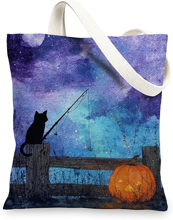 Cat Canvas Tote Bags, Artistic Night Sky Design Reusable Shopping Bags, Fanciful Vintage Lightweight Washable Shoulder Stra
