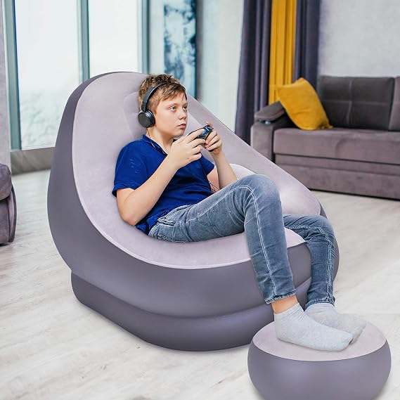 Benross Inflatable Chair & Footstool Set for Gaming, Reading & Movies | Relaxed Blow-Up Seating for Bedrooms, Gaming Rooms, Garden and Movie Nights. Easy to Inflate, Deflate and Store After Use.