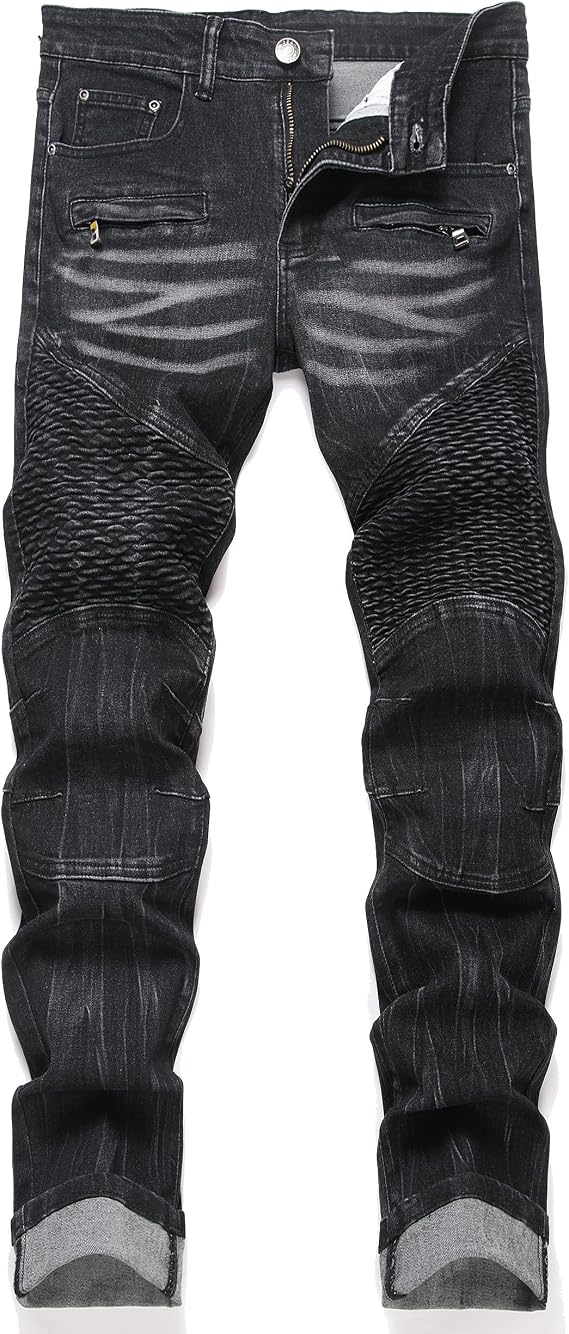RXXKKK Men's Classic Zipper Biker Regular Fit Flex Jean
