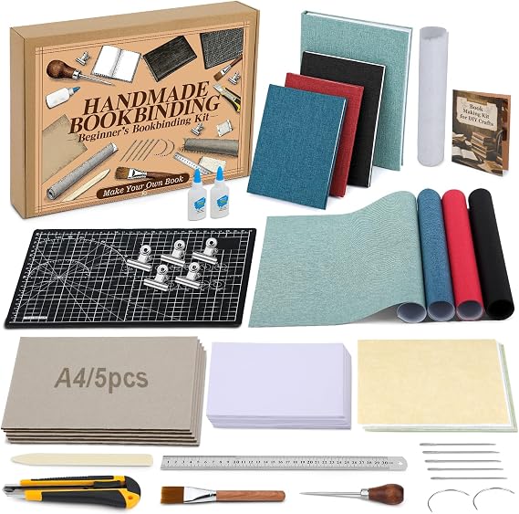 Jupean Book Binding Kits Book Binding Materials Book Making Kit | 138 Pcs Bookbinding Supplies with A4 Cardboard 4 Color Book Cloth Instructions and Video Tutorials for Diy Crafts