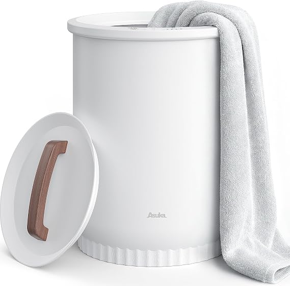 Asuka Towel Warmer, Large Towel Warmer for Bathroom with Wood Handle, 4 Delay Settings&Auto Shut Off, Towel Warmer Bucket Fits Two 40"X70" Oversized Towels, Bathrobes, Blankets, PJ's and More, White
