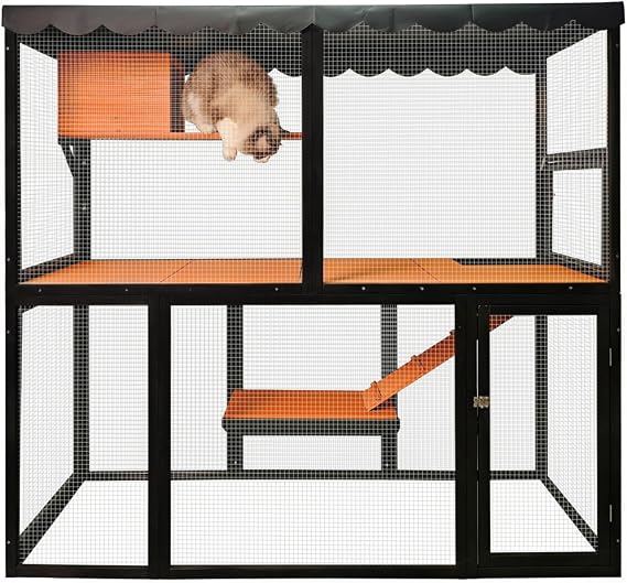 Outdoor Catio,cat Outdoor Enclosure,Large Cat House for Mulitiple Cats Walk,Indoor 4 Tier Wooden Cat Enclosure with Waterproof Cover,Ramp (Black+Orange,68" x 25" x 63")