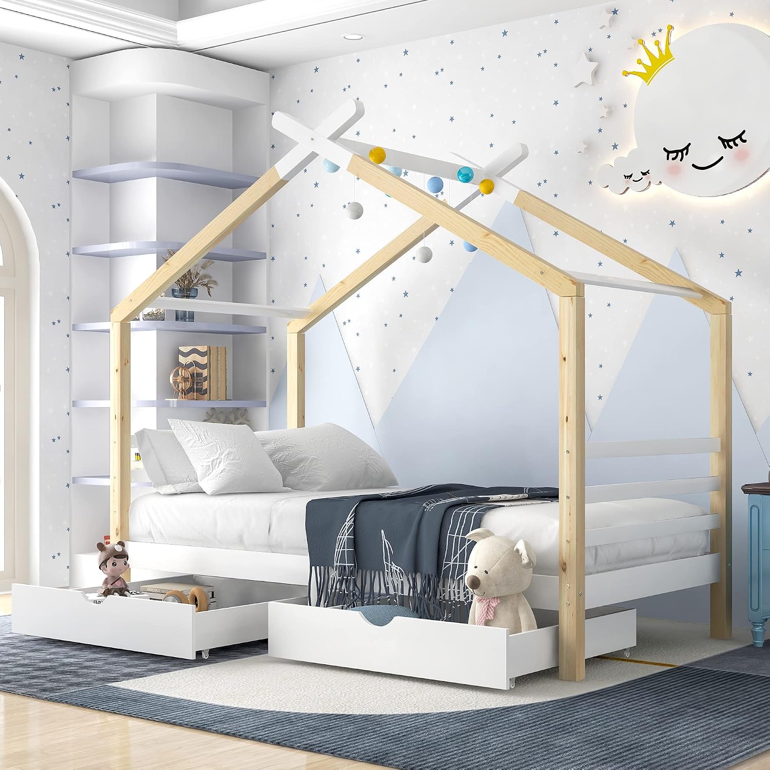 KUIKUI Toddler Beds with Storage, 3FT Single Wooden Bed with Two Drawers and Rooftop Design, 190x90cm, Natural