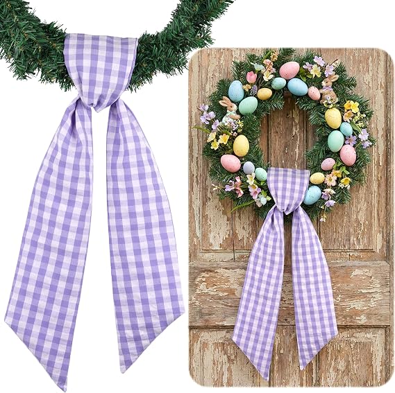 Red White Plaid Wreath Sash Front Door Decoration, Blank Sash Christmas Valentine Wedding Holiday Party Bow Ribbon Accessories Indoor Outdoor Farmhouse Home Decor (Purple White)