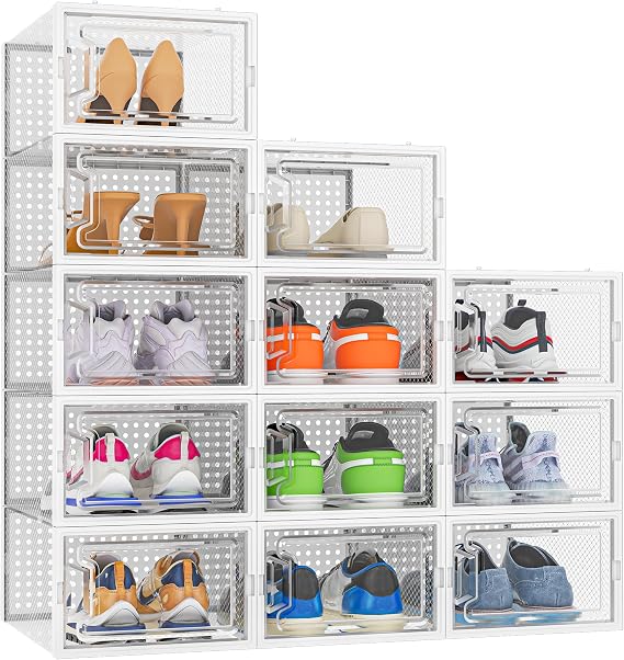 Shoe Storage Box, 12 pcs Stackable Shoe Boxes Clear Plastic, Fit UK 9.5