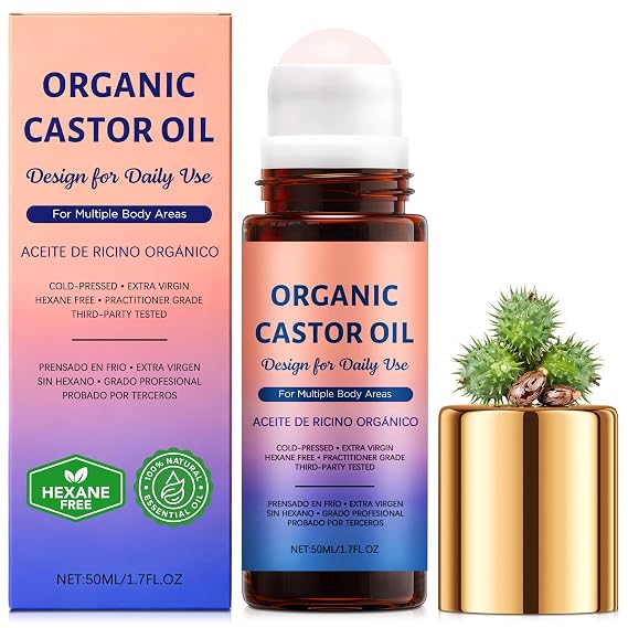 AIPILER Castor Oil Roll On for Face: Pure Castor Oil Roll On for Massage - Cold Pressed Hexane-Free for Wrinkles Fine Lines Thicker Lashes Brows Skin Self Care Gift 1.7 Fl.oz