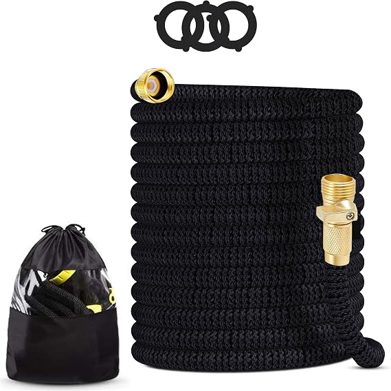 J&B XpandaHose 50ft Expandable Garden Hose- Heavy Duty Superior Strength 3750D - 4 -Layer Latex Core - Extra Strong Brass Connectors and Storage Bag (Black 50)