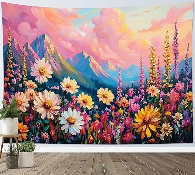 HVEST Pink Floral Mountain Tapestry Wall Hanging Pink Cloud and Flower Wall Art Tree Forest Nature Landscape Tapestry for Bedroom Living Room Dorm Wall Decor, 60W X 40H inches
