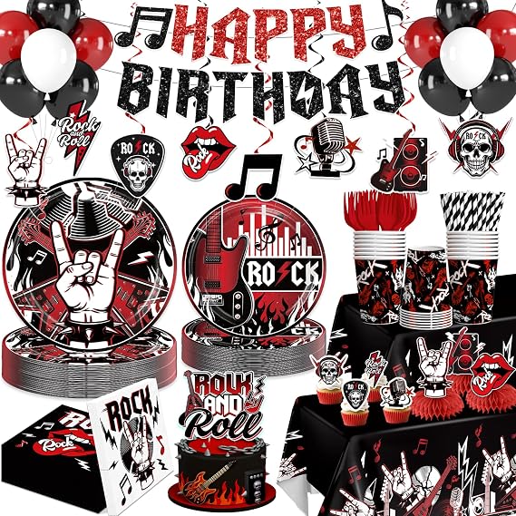 Xynic 207PCS Rock and Roll Party Decorations Set Serves 25 | Includes tableware, banner, balloons, tablecloths and cake decorations for an all-in-one party solution with easy setup