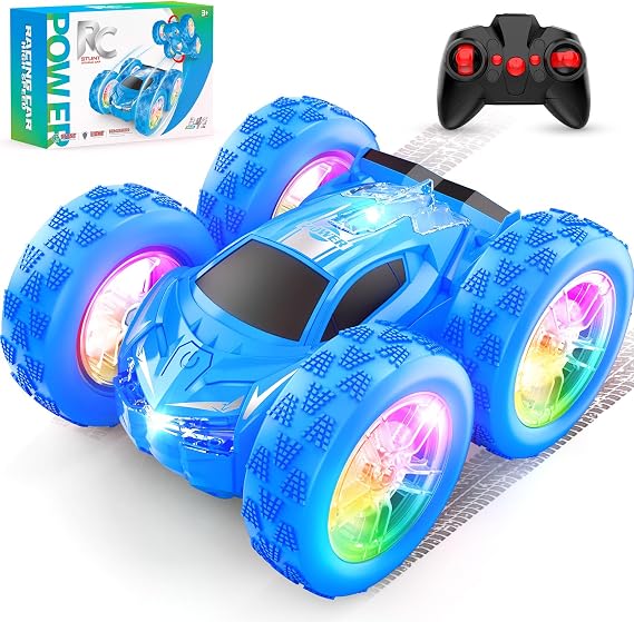 Wupuaait Flip Remote Control Car for Kids, RC Stunt Cars Toys for Boys Ages 4-7 with Double-Side and Changeable Led Lights, 1:24 Vehicle Toy Birthday Gift 3 4 5 6 7 8 9 Year Old Girls Racing Car Blue