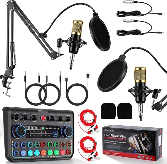 Podcast Equipment Bundle,Streaming Microphone Podcast Starter Kit USB Condenser Soundboard Audio Mixer Kit with Sound Card for PC Laptop Phone,Perfect for Streaming, Singing, YouTube & Gaming (Gold)