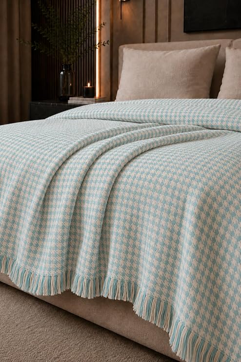 Mavi Çift Kişilik Pike 200x220 cm | Kazayağı Desenli Dekoratif Yatak Örtüsü | Çok Amaçlı Yazlık Pike | Koltuk Örtüsü ve İnce Battaniye Olarak Kullanılabilir