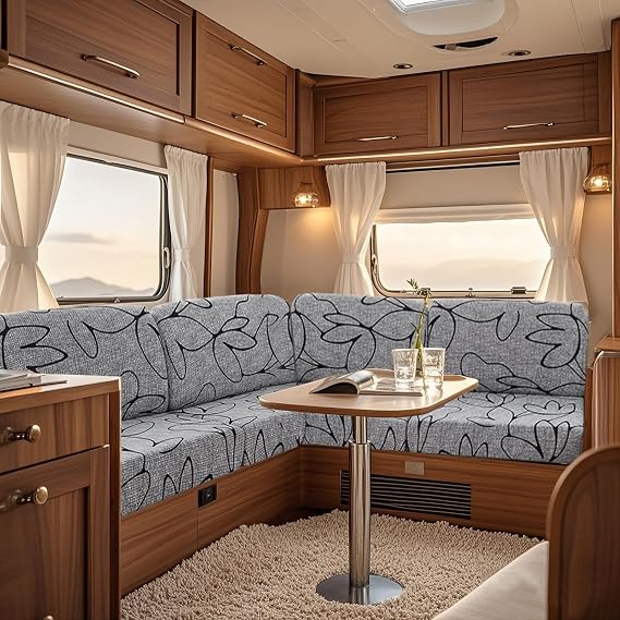 UNBBRRL Fit Stretch Caravan Seat Cover, Non Slip Elastic Fabric Printed Pattern RV Dinette Cushion Cover, Protector for Motorhome Sofa Bench with 4 Straps (grey line,Backrest)