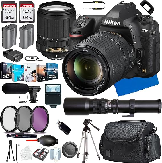 Nikon D780 DSLR Camera with 18-140mm Lens+The 500mm f/8.0 Telephoto preset Lens+Shot-Gun Microphone+Photo Software Package+ Case+128 GIG Memory+Slave Flash+Tripod(13PC) Bundle