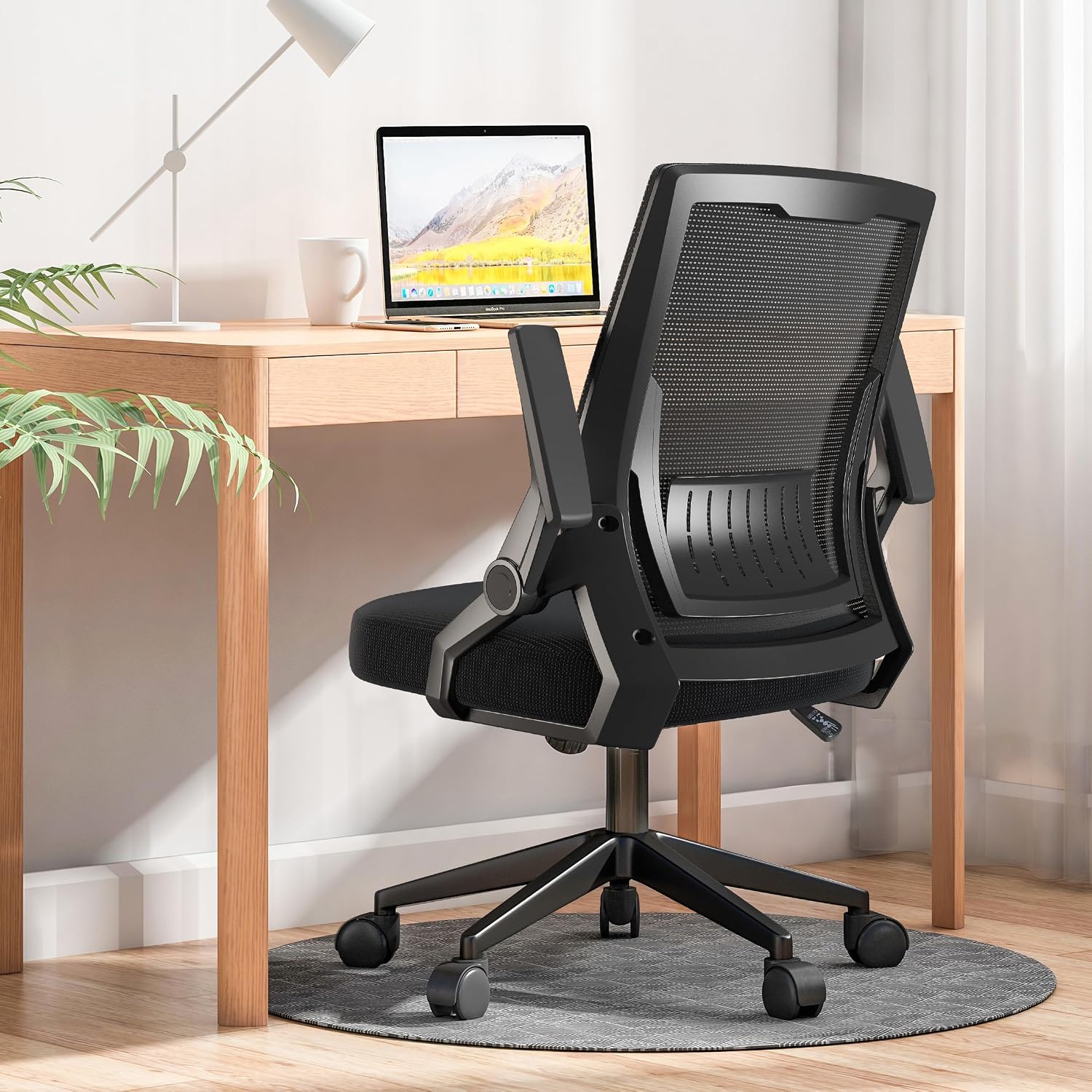 GTPOFFICE Ergonomic Office Chair, Computer Desk Chair Comfy with Adjustable Lumbar Support, Mid-Back Mesh Office Chair with Flip-up Armrest, Tilt Function Task Chair for Home, Bedroom, Gaming, Black
