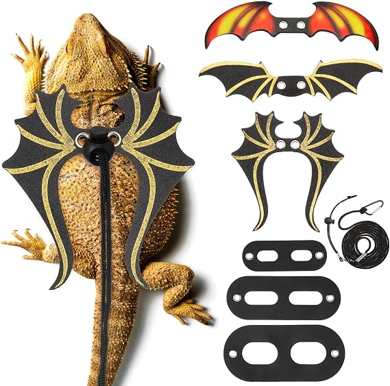 Bearded Dragon Leash and Harness Set, 3 Size Adjustable Wings | Dinosaur Wings Decor for Lizard Reptile, Leather Adjustable Traction Rope for Outdoor Walking Safety, Fits Multiple Sizes