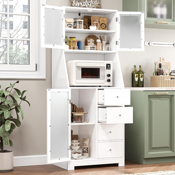 64'' Kitchen Pantry Storage Cabinet, Tall Kitchen Storage Cabinet with Microwave Stand, Hutch Cabinet with Adjustable Shelves, for Dining Room (White) | Save Space, Microwave Stand, Hutch Cabinet for Dining Room, Kitchen, Modern White