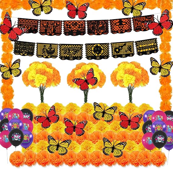 146 Pcs Dia De Los Muertos Decorations Set Day of The Dead Papel Picado Artificial Marigold Flowers with Stem Butterfly Balloons for Dia De Los Muertos Day of The Dead Altar Decorations Kit