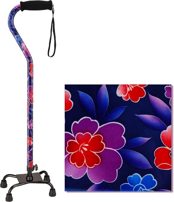NOVA Designer Quad Cane, Lightweight Four Legged Cane with Soft Grip Handle & Wrist Strap, Height (for users 411 - 63) and Left or Right Adjustable, Maui Flowers Design