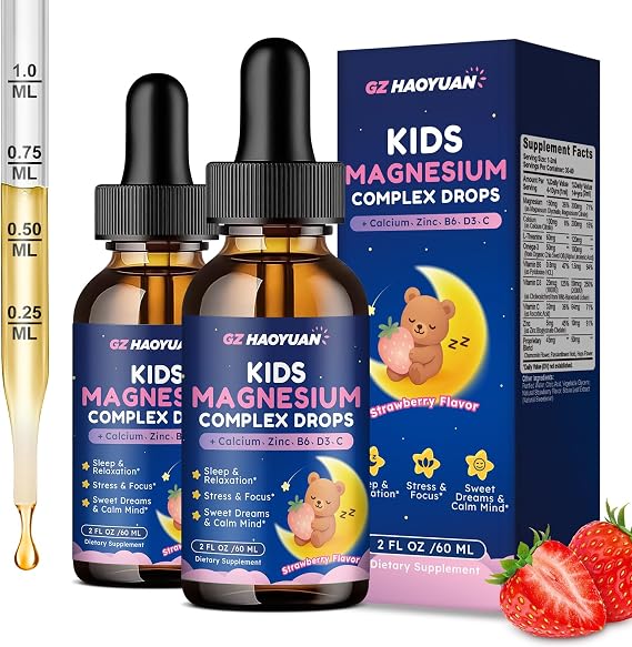 Kids Magnesium Liquid Drops - Magnesium Glycinate Drops for Kids, Citrate Liquid with Calcium, Omega-3, L-theanine, Zinc, Vitamin B6 D3 C for Sleep, Relaxation, Calm & Focus, Strawberry Flavor,4 Fl Oz