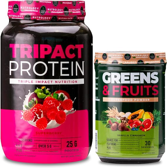 Nutrology TRIPACT Protein Powder, 7-in-1 Meal Replacement Shake, Superberry (40 Servings) Greens & Fruits Powder-Naturally Sourced Superfood, Vanilla Cinnamon (30 Servings)