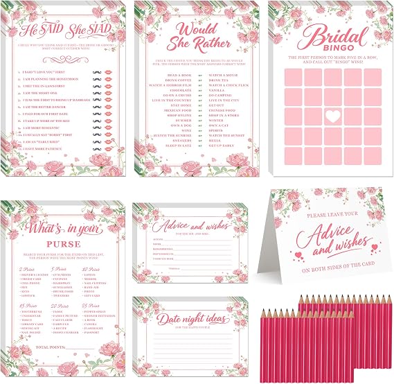 Bridal Shower Games-Heavy Cardstock,5 Fun Activities for 32 Guests, Includes Bingo,He Said She Said, Would She Rather,Whats in Your Purse,Advice and Wishes for The Mr and Mrs(Floral)