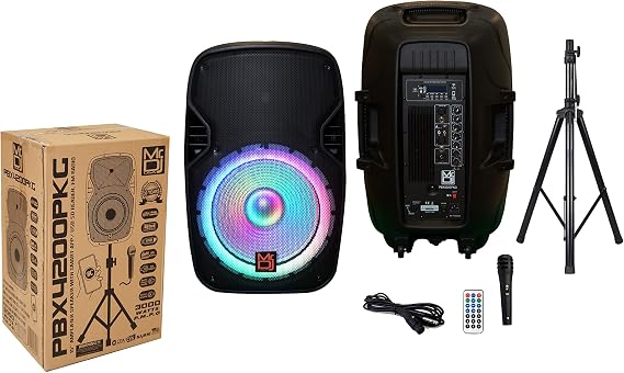 Mr. Dj PBX-4200PKG 15" Powered PA DJ Speaker 2-Way Full Range Portable PA Speaker System Combo Set with Stands/Illuminating Light/Microphone/EQ/USB/Bluetooth