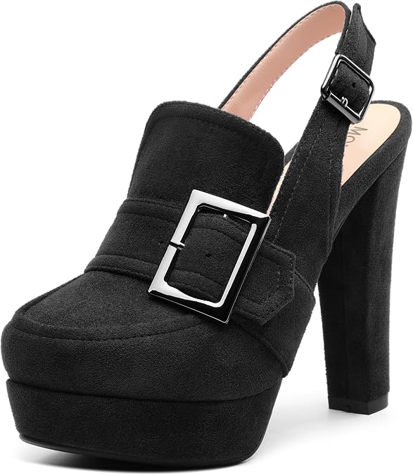 MOVINSTEPS Chunky Platform High Heels for Women Slingback Round Closed Toe Pumps Office Party Events Dress Shoes 4.8 Inch