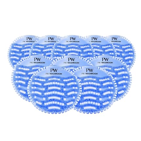 PROWASHROOM Urinal Mats Pack of 10 – Anti-Splash Urinal Screens - 30 Day Odour Control – Flexible Non-Slip – Includes 2 Disposable Gloves – Individully Wrapped 165mm Diameter (Blue Ocean)