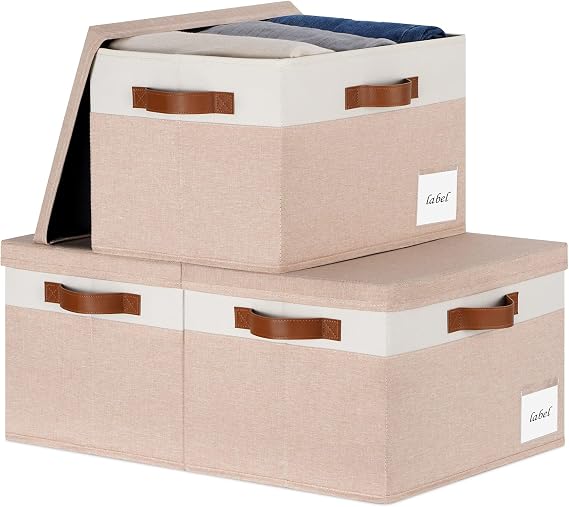 Large Storage Bins with Lids, Foldable Fabric Storage Baskets with Lids, Sturdy Storage Boxes with Labels and 3 PU Handles for Closet Home Bedroom