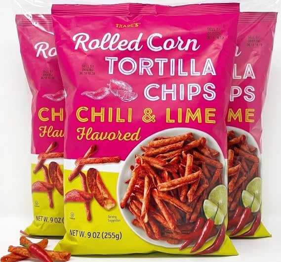 Trader Js Rolled Corn Tortilla Chips, Chili & Lime Flavored, 9 Oz - GLUTEN FREE (PACK OF 3)
