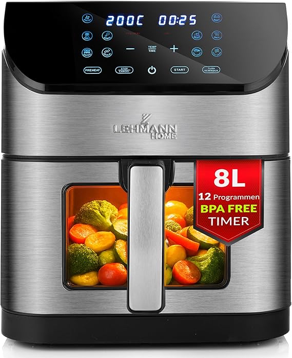 Lehmann XXL 8L Hot Air Fryer Flexible Dual Zone Chamber Viewing Window 12 Programmes Temperature Control 76-200°C Digital Display Timer Non-Stick Coating Family Air Fryer without Oil