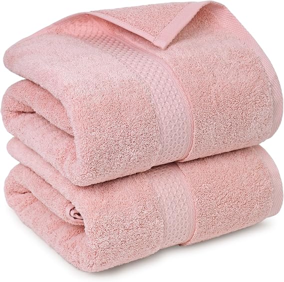 Cleanbear Bath Towels Set of 2, Cotton Bath Towels for Bathroom 55 x 27 Inches, Soft Absorbent Quick Dry Shower Set for Women Daily Use, Pink