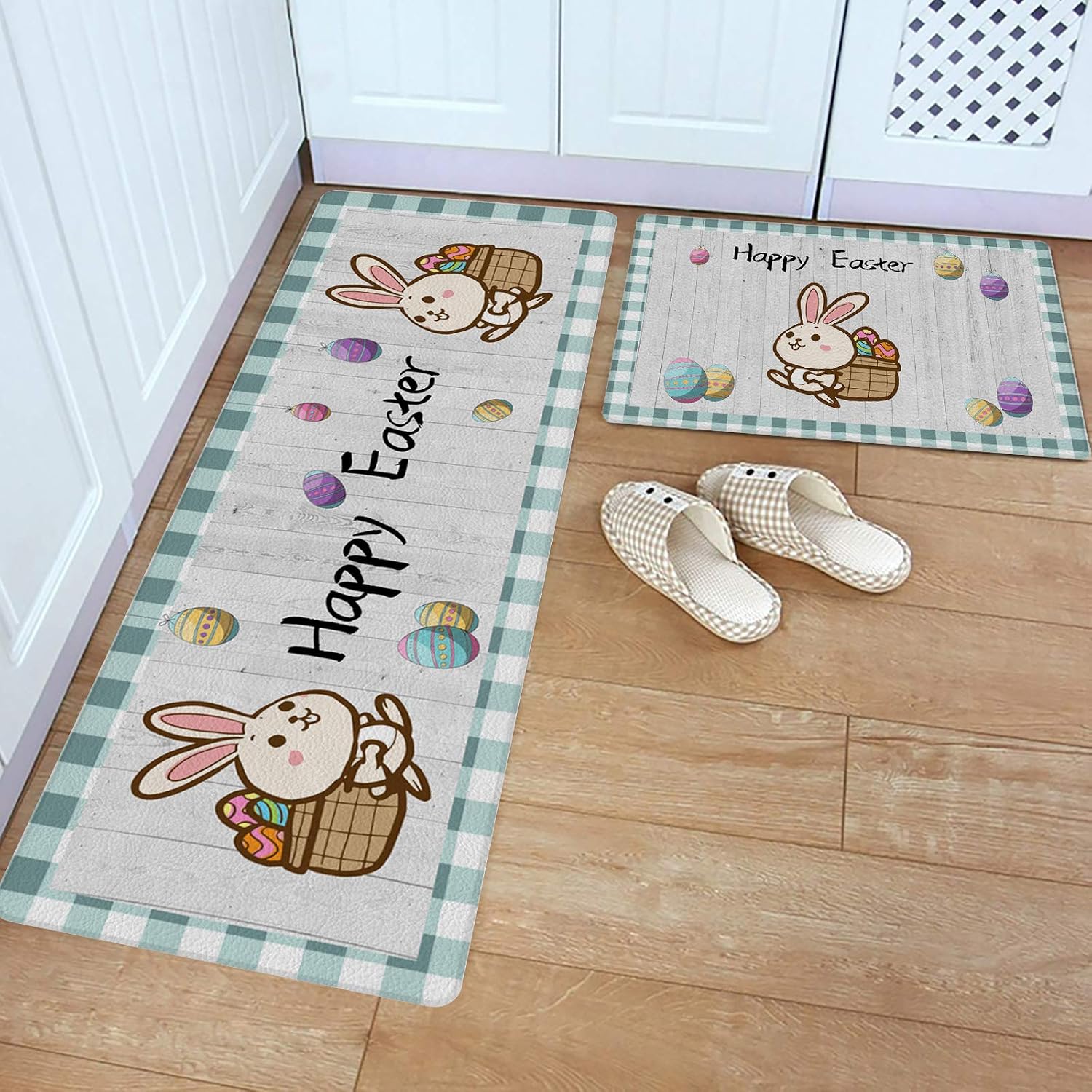 Cartoon Lovely Bunny Carrying Eggs in Basket Anti-Fatigue Rugs and Mats Set for Kitchen Floor, 2 Piece PVC Heavy Duty Standing Area Runner Mat Wood Grain Home Decor Carpet