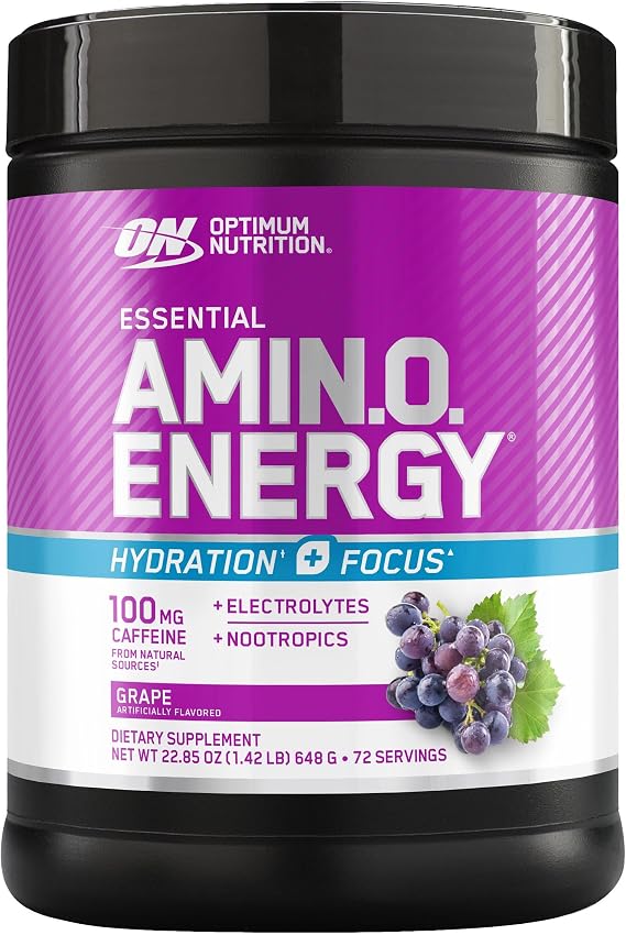Optimum Nutrition Amino Energy Powder Plus Focus, with BCAA, Electrolytes, and Caffeine, Grape, 1.42 LB,72 Servings (Packaging May Vary)
