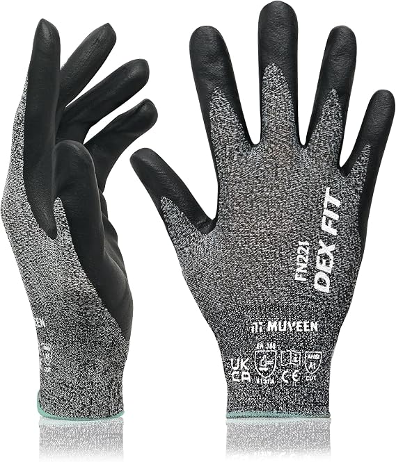 DEX FIT FN221 Thin Nitrile Coated Work Gloves 15-Gauge 3D Comfort Fit, Power Grip Palm, Touchscreen; BlackGray, M, 1 Pair