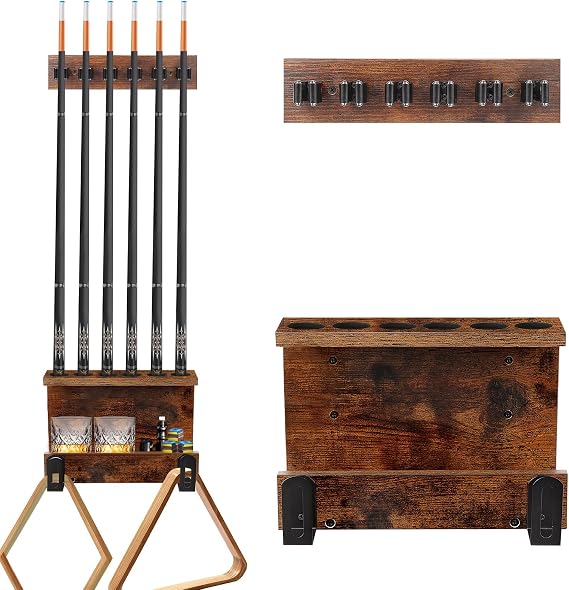 Pool Stick Holder Wall Mount, Pool Cue Set Holder for 6 Cues Sticks Storage Pool Table Accessories Equipment Organizer, Cue Rack Billiards Accessories for Game Room Bars Clubs Billiard Players, Brown