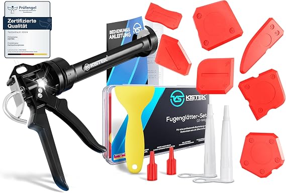 KISTEK® Basic Bundle - Professional 24:1 Cartridge Press with Rubberised Handles & Large Drawer for Silicone Mortar Acrylic + 12-Piece Joint Smoother Set for Renewing Acrylic & Silicone Joints