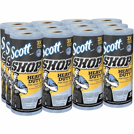 Scott Shop Original Heavy Duty Towels (32992), Blue, Cloth-like Paper Towel for Solvents, 10.4"x11" Wipe (12 Rolls of 60 Sheets, 720 Sheet Total)