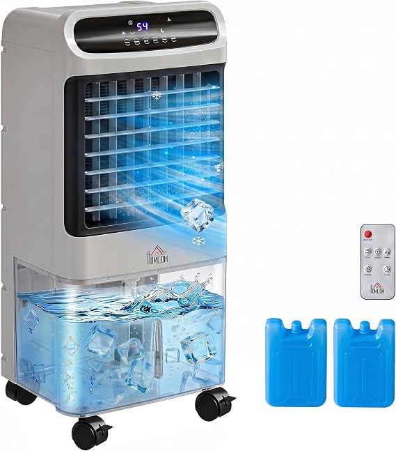 HOMCOM 32" Evaporative Air Cooler, 3.2 Gal Water Tank Swamp Cooler Gray | 3-in-1 Ice Cooling Fan, Portable, 60 Oscillation, Humidifier, Remote, for Home Office, 3 Modes, 3 Speeds, 12H Timer