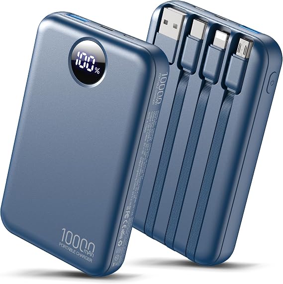 Portable Charger 10000mAh with 4 Built-in Cables 40% Smaller