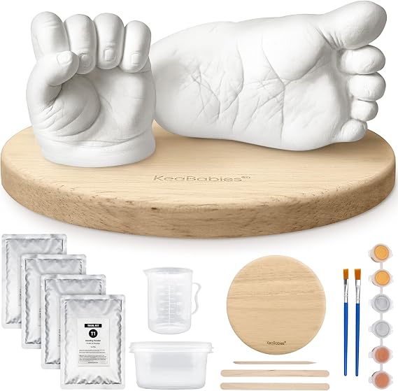 KeaBabies Baby Casting Kit Hands and Feet Mold 3D,Newborn (Round, Ash Wood) | Newborn Hand Casting Kit & Stylish Wood Base, Easy DIY Infant Foot Molds 0-9 Months, First Christmas & Baby Keepsake Gifts