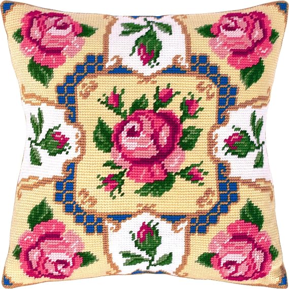 Brvsk Floral Needlepoint Kit for Adults and Beginners Roses 16 16 with Clear, Precise Printed Design on Cotton Canvas; Includes 2 Needles, Yarn, and Easy-Read Chart