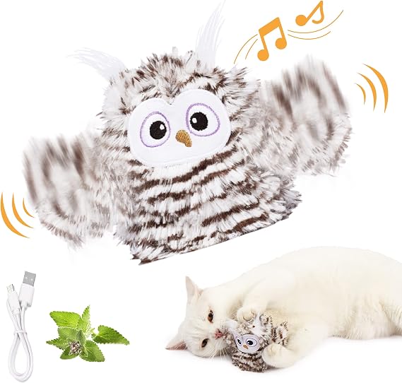 Kimee Cat Toy Automatic Chirping Owl Interactive Toys with Catnip | Flapping Owl Cat Toy with Catnip, Touch Activated Flying Bird Moving Cat Toys for Indoor Cats Kitten Bored Cats