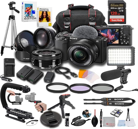 Sony ZV-E10 + 16-50mm Lens, LED Light, Microphone, 128GB Extrem Speed, U-Grip, Filters, Tripod, Case, Software, More Pro Video Bundle (38pc)